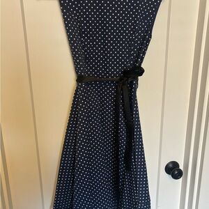 Navy Polka Dot Dress with Black Belt